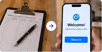 A clipboard sign-in sheet next to a phone showing a Check In button