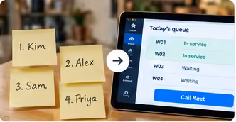 Sticky notes with names next to a tablet showing today’s queue